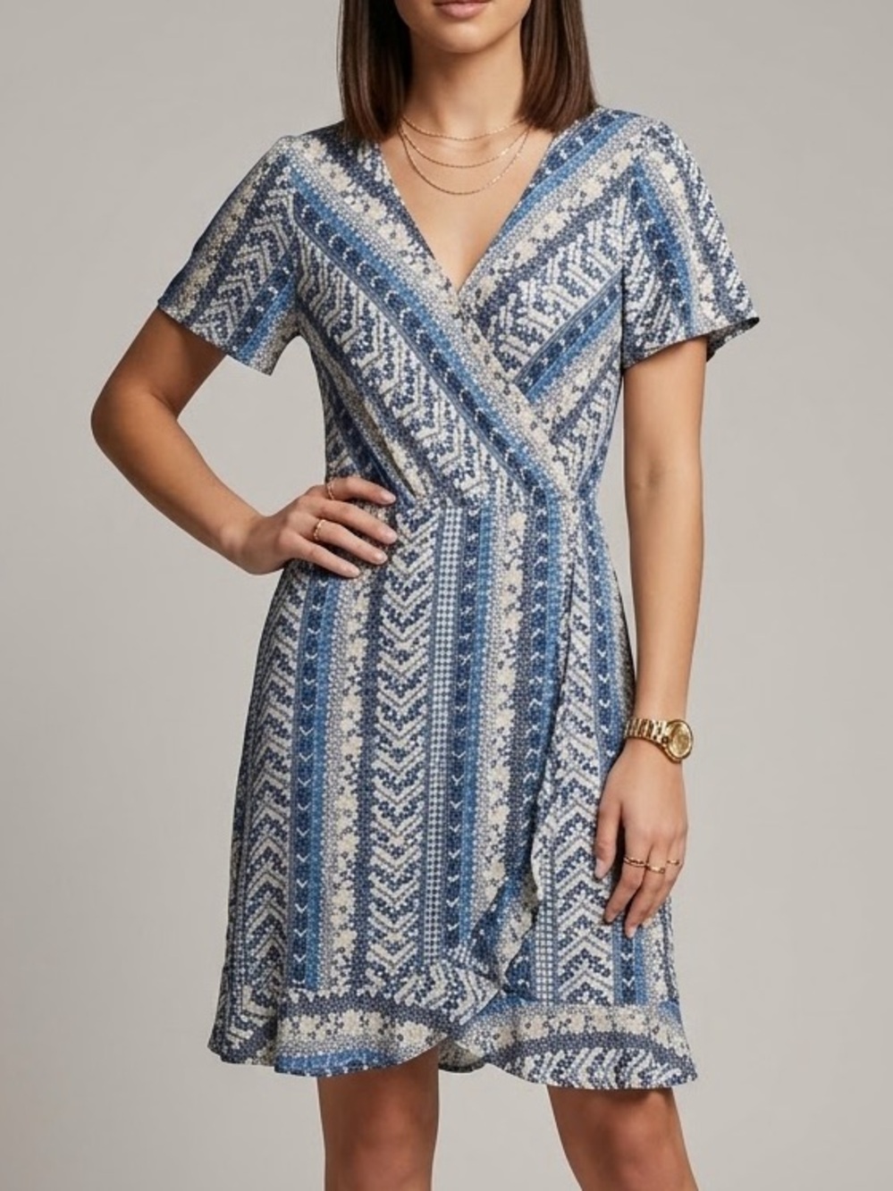 SO Goods For Life Blue Floral Stripe Faux Wrap Dress XXL Short Sleeve V-Neck
